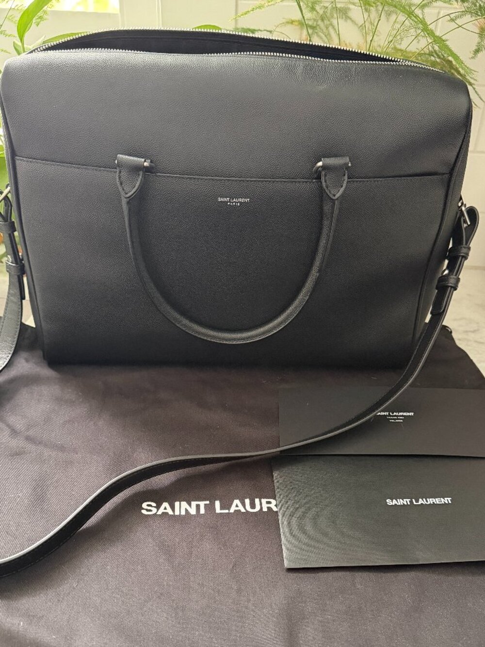 Saint Laurent YSL Black Grain de Poudre Leather Briefcase Bag w/ Receipt